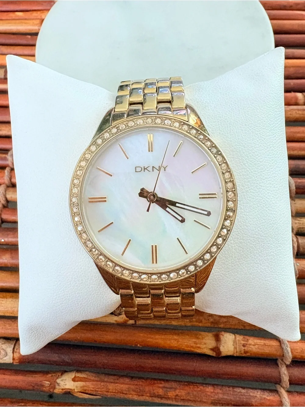 DKNY Gold Tone Crystal Bezel Watch with Mother-of-Pearl Dial Needs Battery